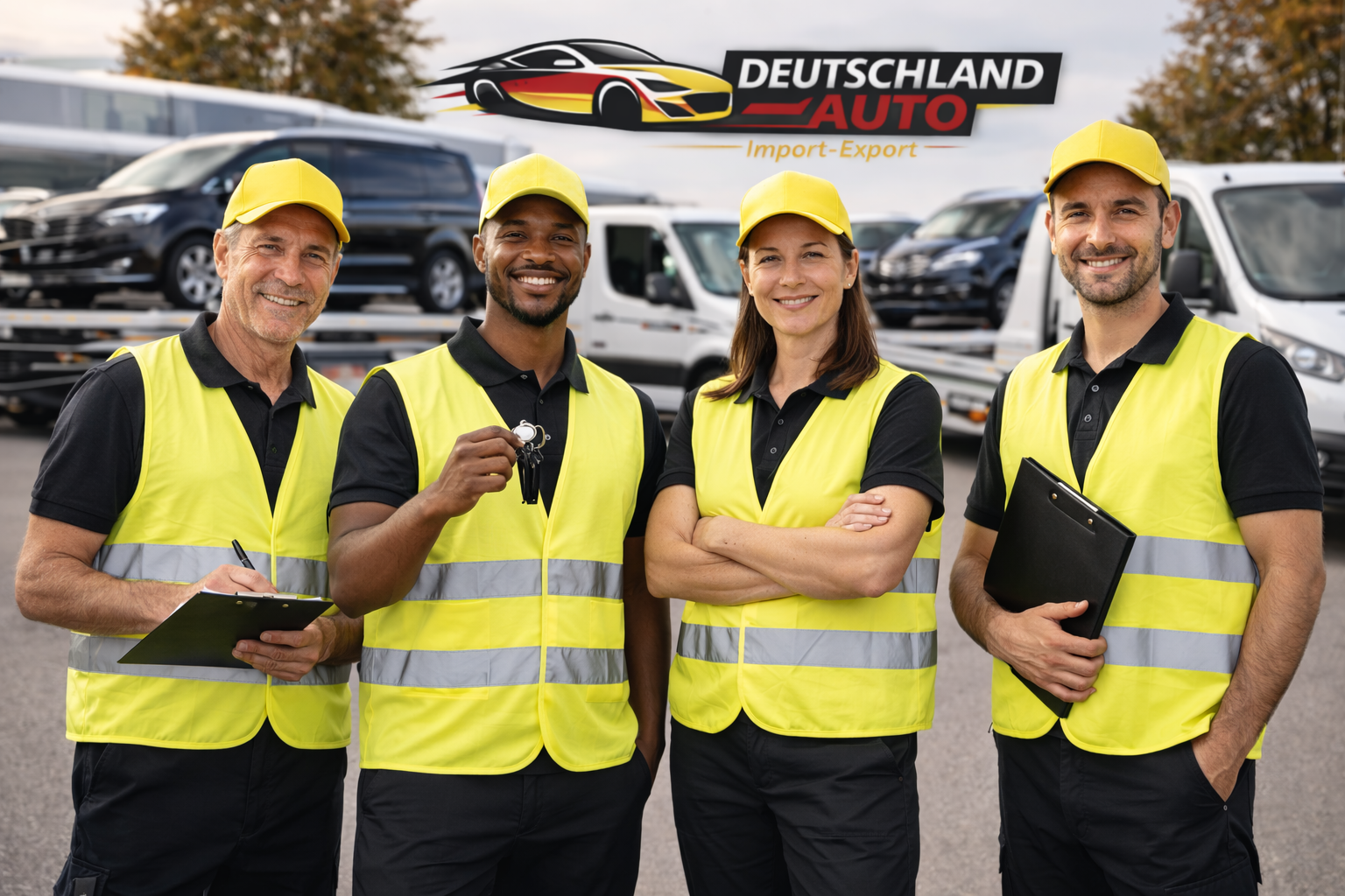 Équipe de convoyeurs Deutschland Auto Import Export – 4 professionnels en gilet jaune avec véhicules